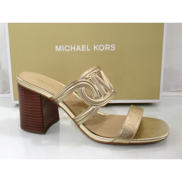 Michael Kors Alma Mid Block Heel Slide Sandal Metallic Leather Gold Size 7 - Picture 1 of 4